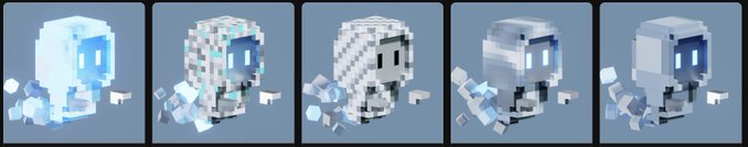 Five pixel-art style 3D characters with blocky heads and various textures, including ice and metal patterns, are displayed in a row on a gray background.