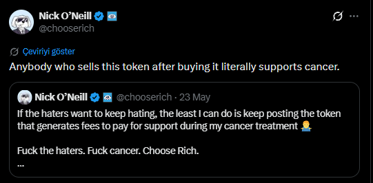 A Twitter account with a black background and white text, featuring a conversation between Nick O'Neill and a user named "FUCK THE HATERS."