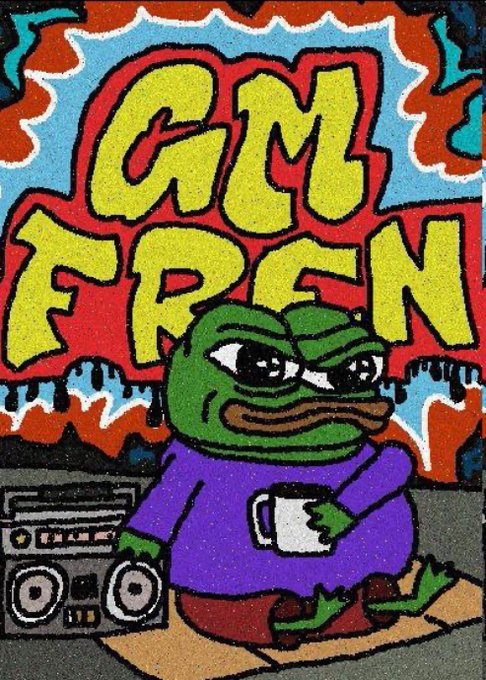 A colorful graffiti-style artwork depicts a sad green Pepe the Frog character in a purple shirt holding a mug next to a boombox, with the large yellow text 'GML FRFM' above.