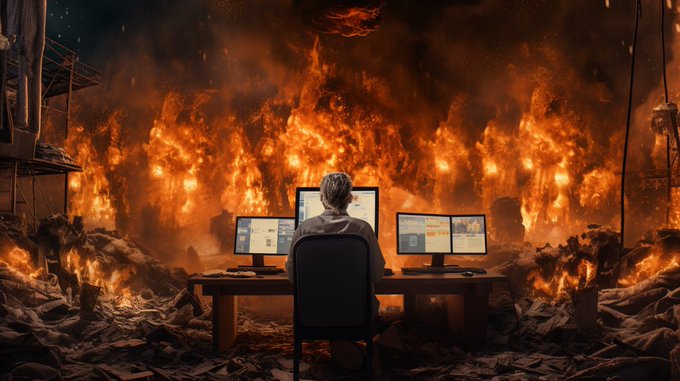 An AI-generated image depicting a person seated at a desk with three computer monitors, surrounded by a massive inferno and destruction.