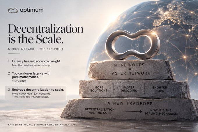 An advertisement for 'Optimum' with the headline 'Decentralization is the Scale,' featuring an infinity-shaped sculpture on stacked stone blocks with text including 'More Nodes = Faster Network' and 'A New Tradeoff: Decentralization Was the Cost → Now It's the Scaling Mechanism.'