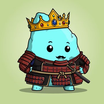 A cute chibi-style blue Yeti or blob character wearing a golden crown adorned with colorful gems, dressed in red samurai armor and holding a sword, set against a soft green background. The image humorously reflects the post's theme of a perplexed NFT collector unable to list their "Rocks" for 0 ETH, with the regal yet forlorn-looking creature embodying the frustration of setting a minimum price above free on the marketplace.