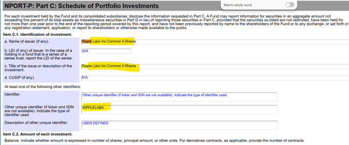 The image shows an NPORT-P filing from Kinetics Portfolios Trust disclosing "Ripple Labs Inc Common A Shares" as a portfolio investment, with the user-defined identifier "RIPPLELABS" — corroborating the claim that the fund holds direct equity in Ripple Labs.