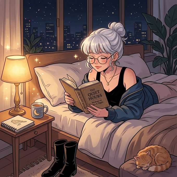 An anime-style illustration of a white-haired woman with glasses reading 'THE QUIET HOURS' in bed at night, accompanied by a sleeping cat, with a cityscape visible through the window.