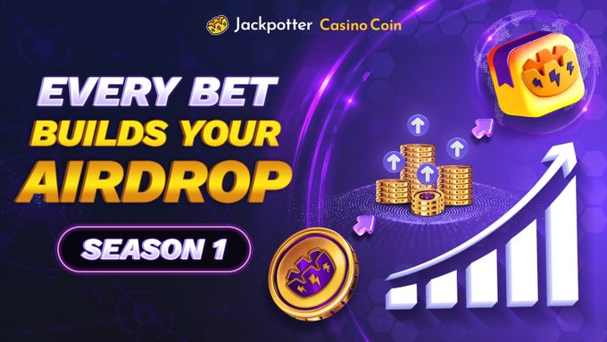 An advertisement for "Jackpotter Casino Coin" promoting "EVERY BET BUILDS YOUR AIRDROP" during "SEASON 1," featuring stacks of coins and a rising bar chart.