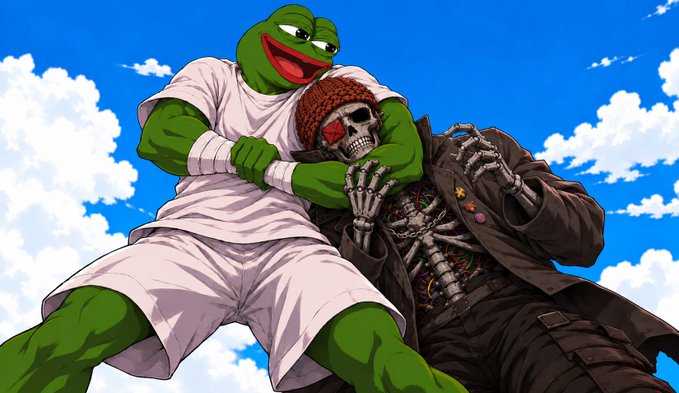 The image shows a green Pepe the Frog character grabbing a skeletal, cyborg-like figure wearing a red beanie and a dark coat against a blue sky backdrop. The caption "be more careful next time, czar" ties into the artwork as Pepe appears to be subduing the skeletal "czar," fitting the menacing yet playful tone of the meme.