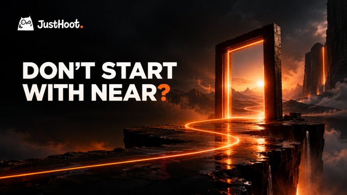 A promotional image from JustHoot featuring a glowing orange portal in a dark landscape with the text "DON'T START WITH NEAR?".