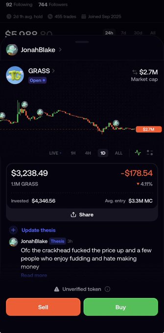 A screenshot of a crypto trading position showing a long in $GRASS token, currently down $178.54 (-4.11%) on a $4,346.56 investment, with the user JonahBlake's thesis update stating "Ofc the crackhead fucked the price up and a few people who enjoy fudding and hate making money." The image visually reinforces the post's sentiment of frustration about getting penalized for holding and believing rather than rotating between positions, capturing the painful reality of an unrealized loss while remaining committed to the GRASS position.