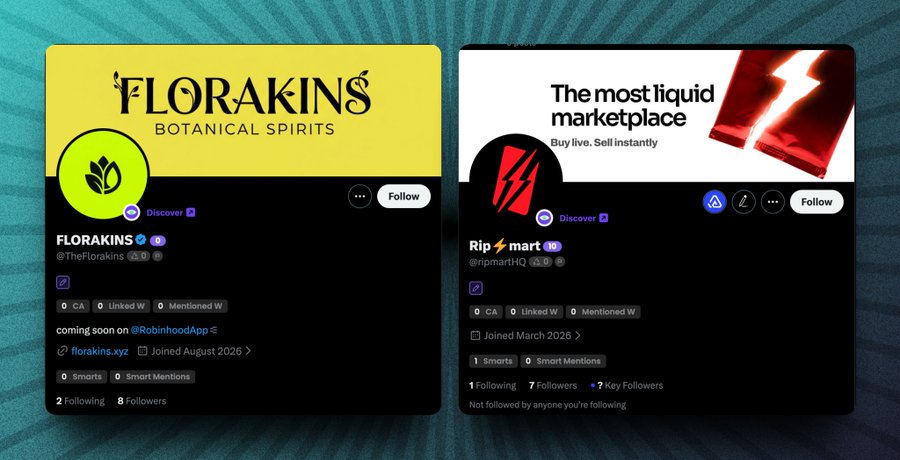 Two social media profile cards displayed side by side: 'FLORAKINS BOTANICAL SPIRITS' (@TheFlorakins) with 8 followers, and 'The most liquid marketplace' branded 'Rip mart' (@ripmartHQ) with 7 followers.