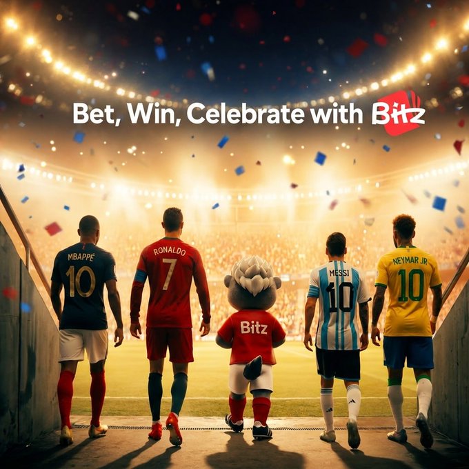 The image shows four soccer players—Mbappé (#10), Ronaldo (#7), Messi (#10), and Neymar Jr (#10)—alongside a "Bitz" mascot, walking onto a stadium field beneath confetti and the slogan "Bet, Win, Celebrate with Bitz," visually promoting the Bitz World Cup prediction giveaway mentioned in the post.