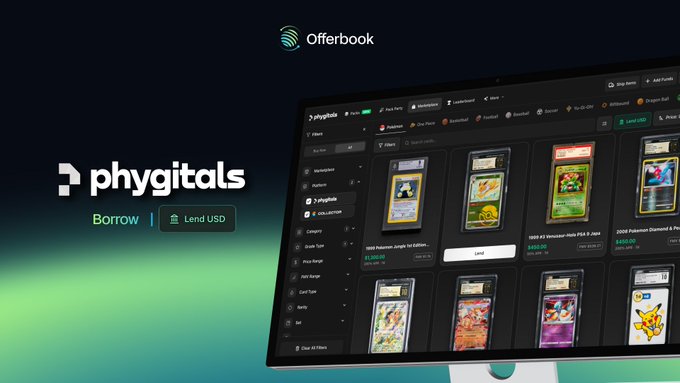 The image features a computer monitor displaying a webpage for the cryptocurrency platform Phygitalts, which allows users to borrow and lend against TCG cards directly through its website. The webpage also includes a list of assets available for lending and a description of the platform's features.