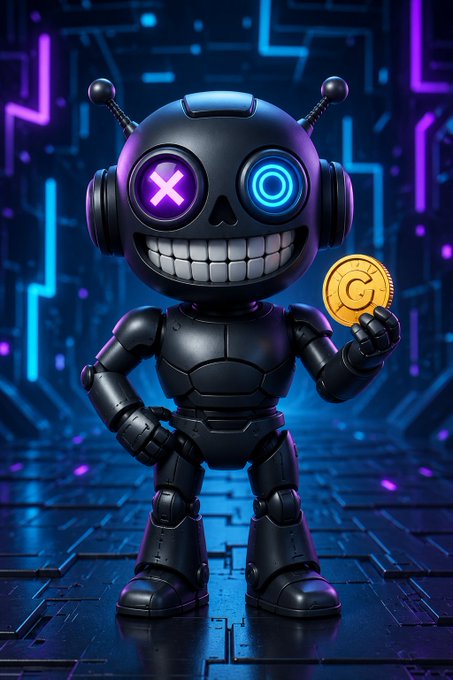 The image features a robot with purple eyes, black arms, legs, and feet standing on a black platform. The robot has a coin in its hand. The background of the image is dark blue with neon lines, giving an impression of a futuristic setting or a virtual reality environment. The caption reads "Good morning. The builders are already at work. I'll be standing watch. KYRO builds. ROKSTER protects. Have a productive day. #Rokster #KYRO #AevumAIUniverse".