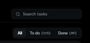A dark-mode task interface shows a search bar and tabs displaying "All," "To do (115)," and "Done (89)," highlighting the 89 completed tasks mentioned in the post about testing the Axis Robotics platform.