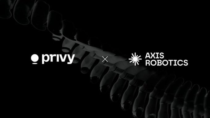A collaboration announcement graphic featuring the logos of 'privy' and 'AXIS ROBOTICS' separated by an 'x', set against a dark background showing a robotic spine-like structure.