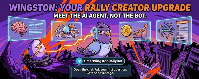 A promotional banner for 'WINGSTON: YOUR RALLY CREATOR UPGRADE' featuring an AI agent pigeon and links to t.me/WingstonRallyBot.