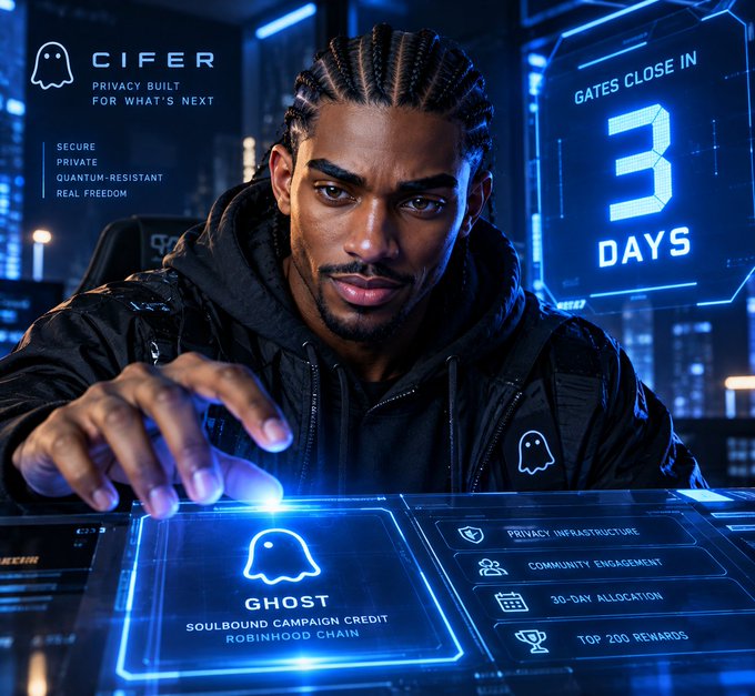 A promotional graphic for 'CIFER' featuring a man with braided hair in a black jacket interacting with a blue holographic interface, showing a 'GHOST Soulbound Campaign Credit' on Robinhood Chain and a countdown stating 'Gates Close in 3 Days'.