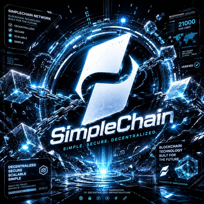 The image features a poster or advertisement for a cryptocurrency called "Simplechain" that uses blue and silver colors with neon lights, giving it an futuristic appearance. The text on the poster reads "Simplechain", which is the name of the cryptocurrency being promoted. The background of the poster shows a chain made up of small cubes in various shades of blue and silver, symbolizing the blockchain technology behind Simplechain. The image also includes a list of features or benefits for using Simplechain, such as "Simplechain: built on purpose-built Layer 1 infrastructure", which highlights the cryptocurrency's technical capabilities.