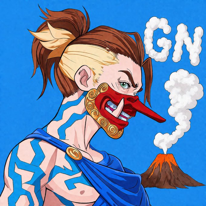 An anime-style illustration of a character with a red tengu-style mask showing teeth, a long nose, blue markings on their body, and smoke forming the letters 'GN' next to an erupting volcano.