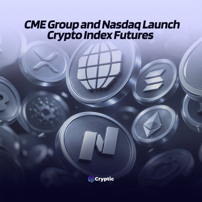 The image features a collection of coins from various cryptocurrencies, such as Bitcoin, Ethereum, Solana, Ripple, Cardano, and others. The coins are arranged in a circular pattern, with each coin having its own unique design or symbol on top. The text "CMEG Group and Nasdaq launch Crypt Index Futures" is written above the coins, indicating that this image is related to the cryptocurrency market and the launch of crypto index futures by CMEG Group and Nasdaq.