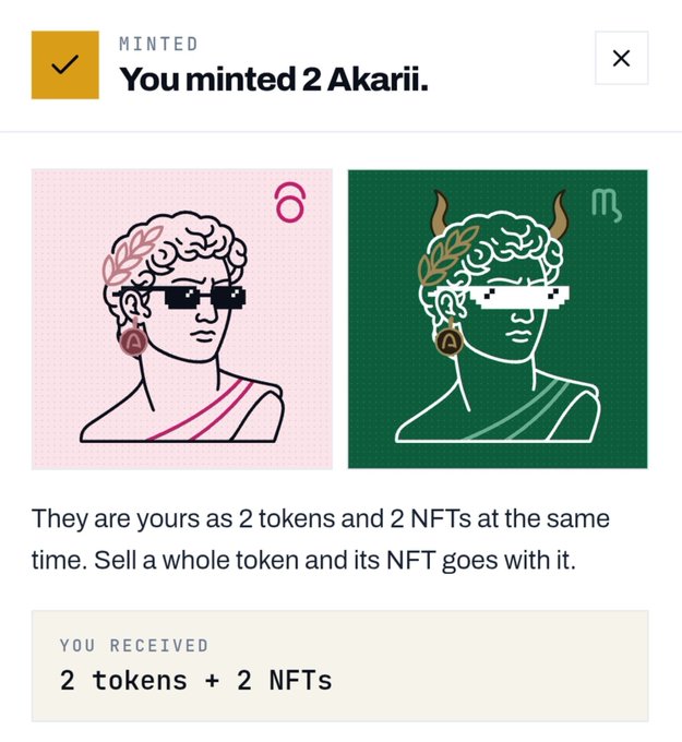 A confirmation screen showing 'You minted 2 Akarii' with two classical-style bust illustrations featuring pixelated sunglasses, noting 'YOU RECEIVED 2 tokens + 2 NFTs'.