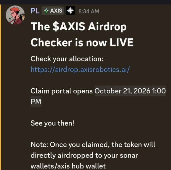 A dark-mode post reads “The $AXIS Airdrop Checker is now LIVE,” includes “https://airdrop.axisrobotics.ai/,” and states the claim portal opens October 21, 2026 at 1:00 PM.