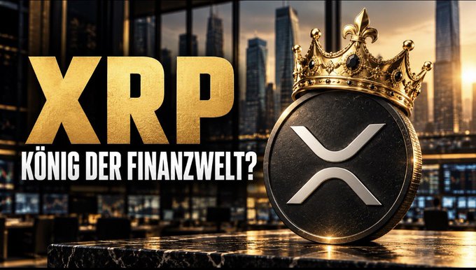 A golden "XRP KÖNIG DER FINANZWELT?" (King of the Financial World?) graphic features a crowned XRP coin set against a financial trading backdrop, visually reinforcing the post's discussion of XRP's growing role in global finance and the expanding use cases of the XRP Ledger.