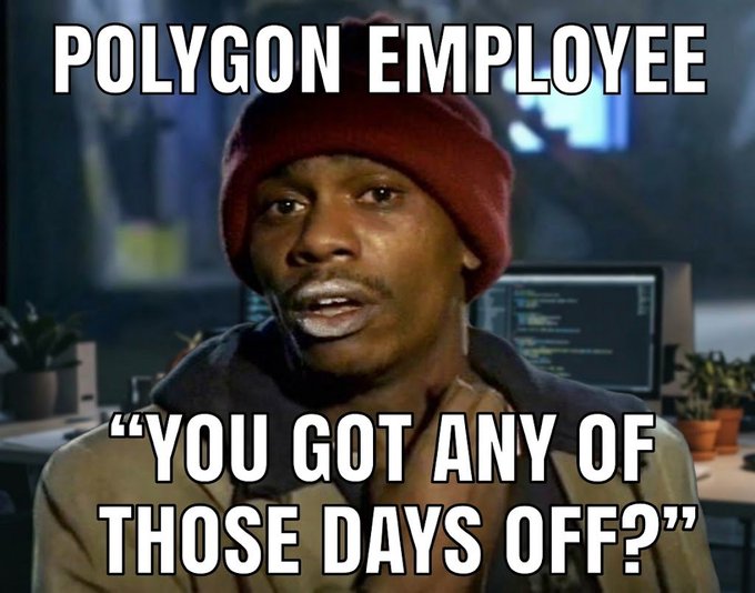 A man wearing a red beanie sits in an office with code on a monitor behind him, captioned "POLYGON EMPLOYEE" at the top and "YOU GOT ANY OF THOSE DAYS OFF?" at the bottom. The meme humorously references the notorious work culture at Polygon Labs, using a screenshot of Cameron (known for drug references) to joke about employees seeking time off after CEO Marc Boiron's tweet.
