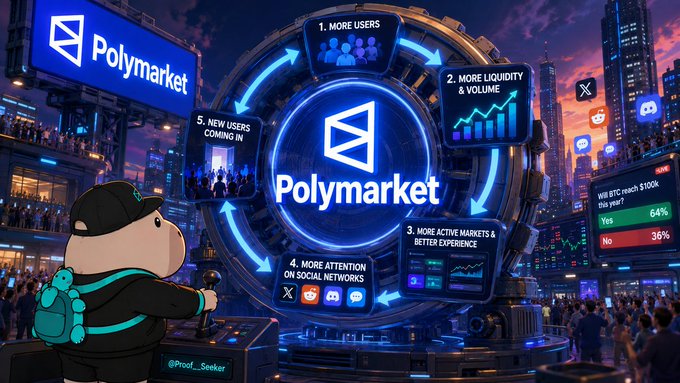 A vibrant, futuristic illustration showing the Polymarket logo at the center of a glowing circular infographic with five steps: 1. More Users, 2. More Liquidity & Volume, 3. More Active Markets & Better Experience, 4. More Attention on Social Networks, and 5. New Users Coming In, set against a cyberpunk cityscape with a bear mascot in the foreground.