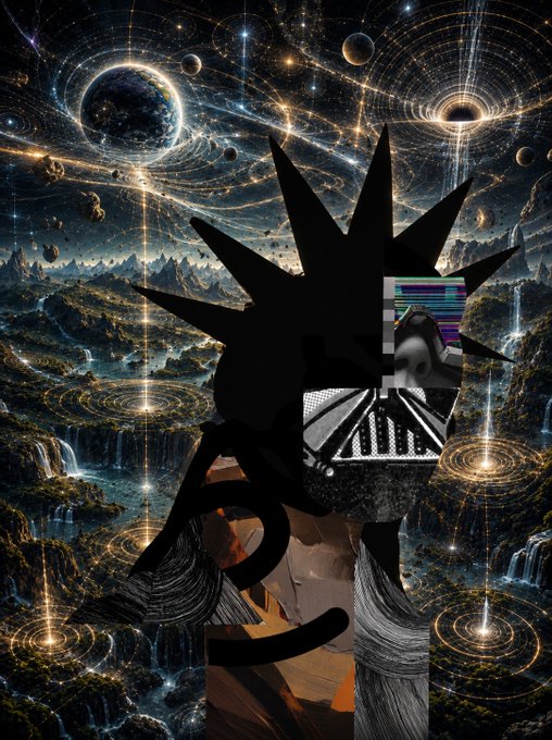 Surreal digital art piece featuring a spiked, fragmented character with a glitchy TV-head against a cosmic background of planets, black holes, and glowing celestial patterns.