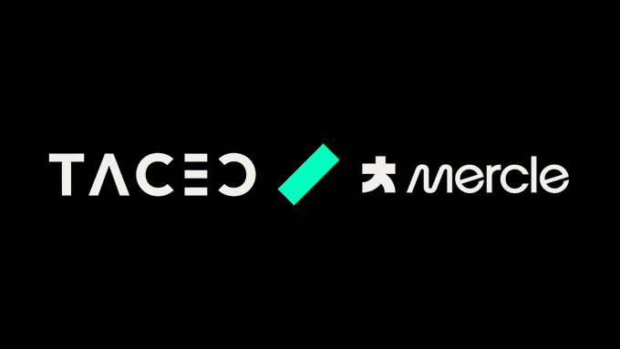 A collaborative logo graphic featuring the white "TACEO" wordmark beside a teal slash and the white "Mercle" wordmark with its star icon, set against a black background to announce the TACEO x Mercle partnership on decentralized face scan technology.