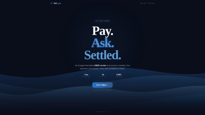 A dark-themed landing page for a 'Tall.gate' payment platform featuring the tagline 'Pay. Ask. Settled.' and describing an AI agent that takes USDC on Arc and verifies on-chain payments and invoices.