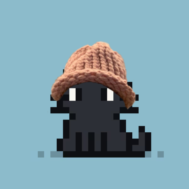 A pixel art character, resembling a creature from a video game, wearing a knitted tan/orange beanie hat against a light blue background.