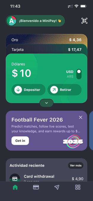 The image shows a smartphone screen filled with various icons and information about an app called "MiniPay". The main focus of the app appears to be related to football payments, as indicated by the words "Football Fever 2026" displayed at the bottom of the screen. There are also descriptions for transactions on the screen, such as being able to receive notifications when you earn money or get cash back from using the MiniPay app. The user interface is clean and easy to navigate, making it convenient to perform transactions with just a few taps.