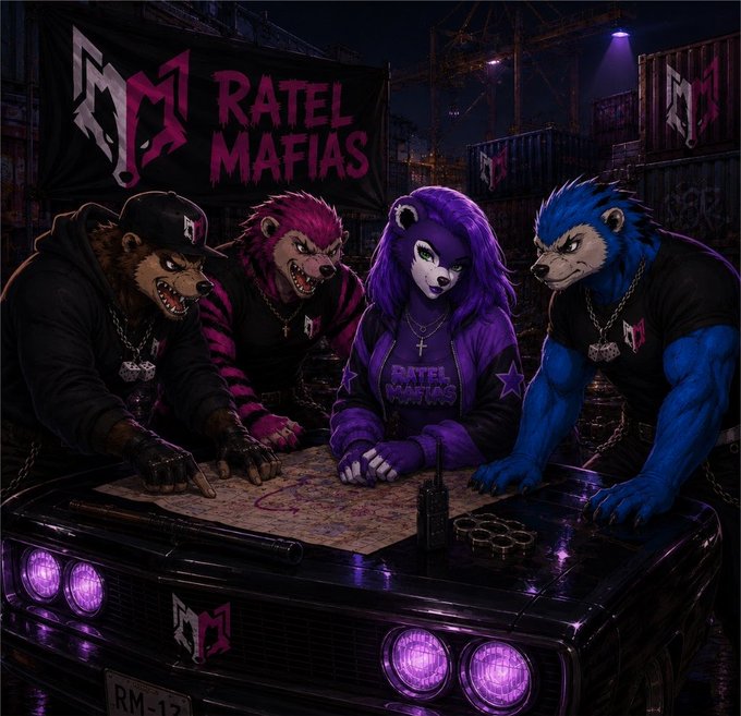 An illustration of anthropomorphic animal gang members in hoodies labeled "RATEL MAFIAS" (RM) standing around a car, including a bear, hyena, blue lion, and a purple-haired cat character, with a map on the hood.