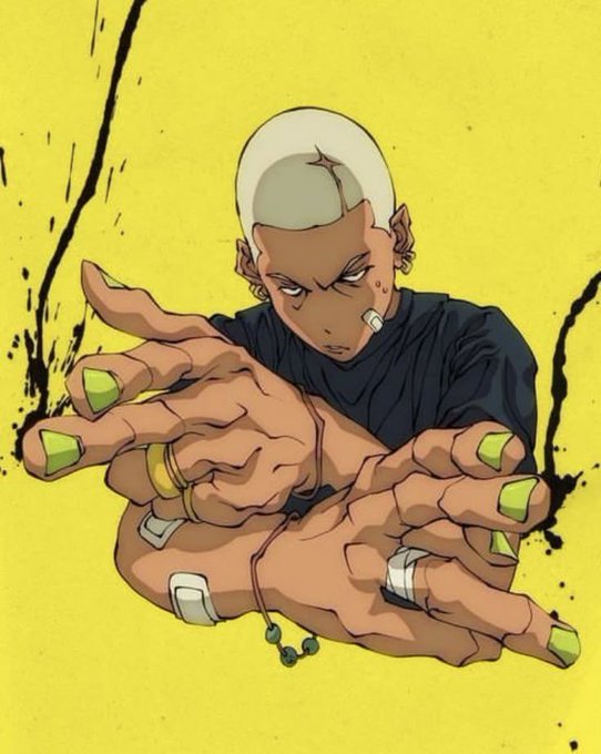 Anime artwork showing a bald character with an intense expression extending large hands with green fingernails toward the viewer, with black splash effects on a yellow background