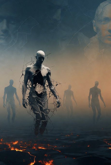 A dark fantasy digital artwork showing a fragmented humanoid figure with web-like structures, surrounded by shadowy silhouettes and a larger faded face in the background, standing over glowing lava cracks.