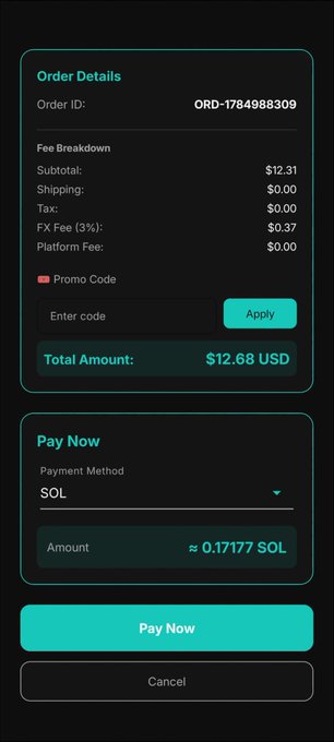 A mobile checkout interface shows Order Details for ORD-1784988309 with a total of $12.68 USD, alongside a Pay Now section for 0.17177 SOL via SOL payment method.