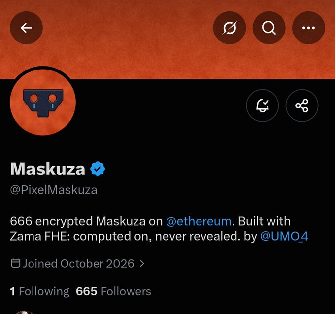 Twitter profile for @PixelMaskuza with the display name Maskuza, featuring a pixel-art skull logo. The bio reads '666 encrypted Maskuza on @ethereum. Built with Zama FHE: computed on, never revealed. by @UMO4' and shows 665 followers.