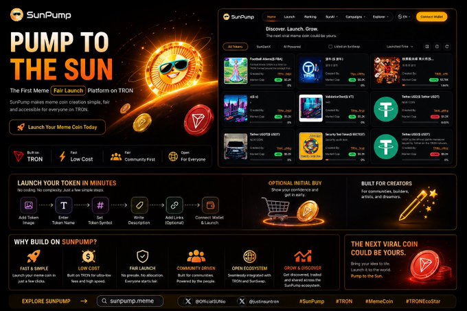 A promotional graphic for 'SunPump,' advertising as 'The First Meme Fair Launch Platform on TRON,' featuring a website mockup, coin imagery, and various feature highlights like 'Launch Your Token in Minutes.'