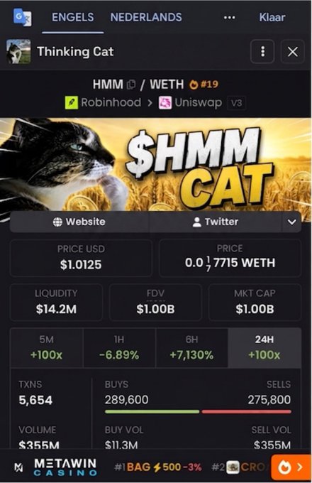 A trading interface showing the 'HMM CAT' cryptocurrency token on Robinhood/Uniswap V3, with a price of $1.0125 USD and a dramatic +7,130% gain over 6 hours.