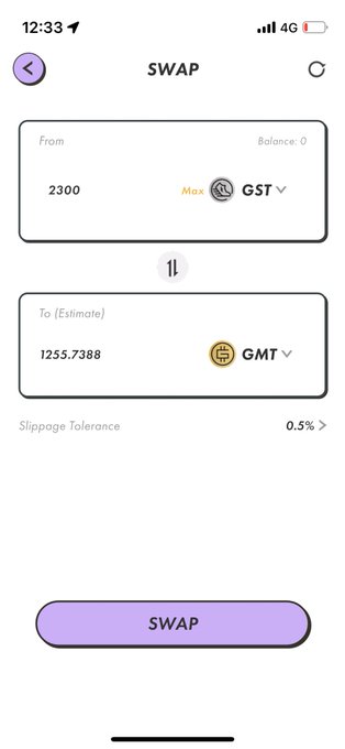 A mobile cryptocurrency swap interface showing an exchange of 2300 GST tokens to an estimated 1255.7388 GMT tokens, with 0.5% slippage tolerance and a prominent purple SWAP button at the bottom.