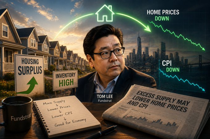 An image featuring Tom Lee of Fundstrat, with a newspaper headline 'EXCESS SUPPLY MAY LOWER HOME PRICES AND CPI' and graphics showing housing surplus, inventory high, home prices down, and CPI down.