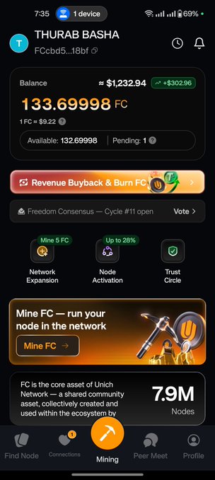 A mobile app screen for 'THURAB BASHA' shows a balance of 133.69998 FC ($1,232.94) with options for 'Mine 5 FC', 'Network Expansion', and 'Node Activation'.