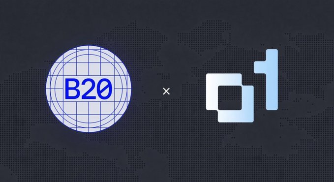 A graphic showing a partnership between 'B20' (a globe logo) and another brand represented by a stylized 'd1' logo on a dark background.