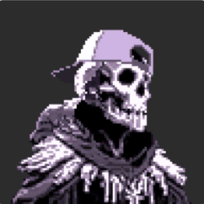 A pixel art skeleton wearing a backwards cap and a tattered scarf stares forward in a glitchy purple-toned portrait, embodying the ominous "Doomsayers" theme. The skeletal figure ties into the post's promotion of a DoomsayersNFT giveaway tied to the upcoming Bloodberry Sauce 2.0 release.