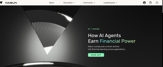 A screenshot of the Nasun website homepage with the headline "How AI Agents Earn Financial Power" and a subheading explaining onchain activity, with an "OPEN APP" button.