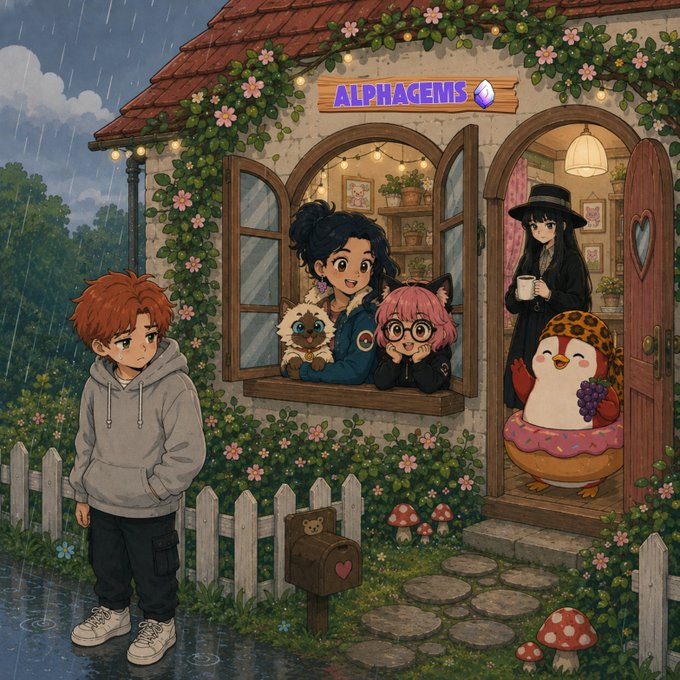 A Studio Ghibli-style anime illustration showing characters at a flower-decorated shop named 'ALPHAGEMS' in the rain, featuring a boy in a gray hoodie, girls in the window, and a penguin character.