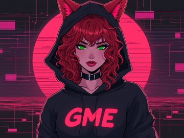 A stylized anime-style illustration features a red-haired female character with cat ears wearing a black hoodie with pink 'GME' text, set against a neon pink background.