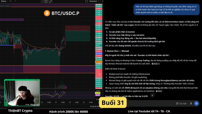 A YouTube livestream screenshot from 'ThiênB1 Crypto' showing a BTC/USDC.P candlestick chart with Vietnamese trading analysis text and 'Buổi 31' highlighted in the chat.