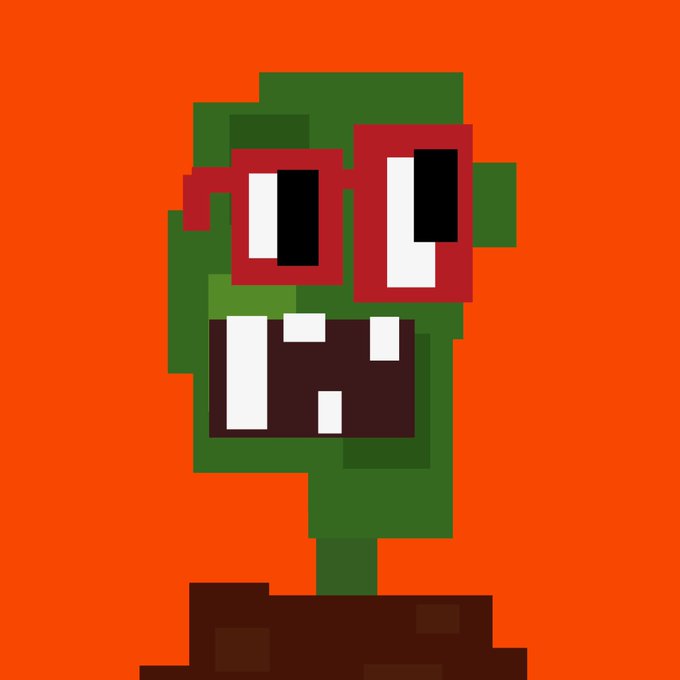 The image shows a pixel-art green plant character with large red-framed eyes and an open, blocky mouth set against an orange background, visually representing the quirky "Bafoontown" brand mentioned in the post promoting a website submission contest.